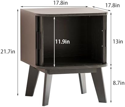 Nightstand with Sliding Roller Shutter Doors&Solid Wood Legs,Black
