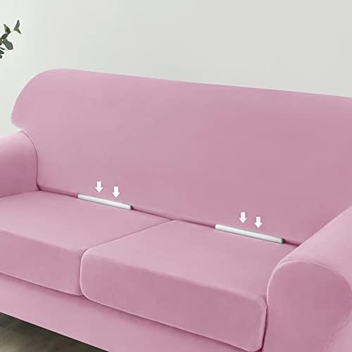 OBCREAT 4 Pieces Sofa Slipcover Stretch Velvet Sofa Covers for 3 Cushion Couch Soft Couch Cover with Elastic Bottom Non Slip Furniture Protector for Pets Kids (Pink, Large)