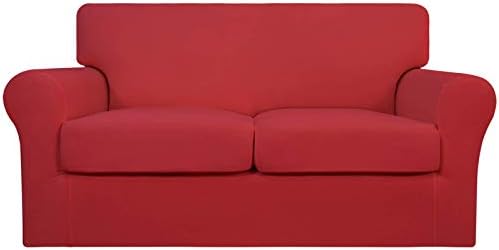 Easy-Going 3 Pieces Stretch Soft Couch Cover for Dogs - Washable Sofa Slipcover for 2 Separate Cushion Couch - Elastic Furniture Protector for Pets, Kids (Loveseat, Christmas Red, Medium)