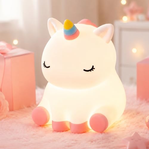 Rytinazzz Unicorn Night Light for Kids, Rechargeable Silicone Unicorn Lamp with Tap Control, 30-Min Auto-Off Timer, Soft Dimmable Nursery Bedside Light, Gifts for Girls