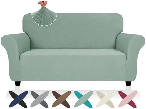 ZNSAYOTX Super Stretch Loveseat Covers (57"-70"), New Striped Love Seat Slipcover, Dogs Pet Friendly Anti-Slip Couch Protector Spandex Durable 2 Seater Fabric Sofa Cover (Pea Green, Loveseat)
