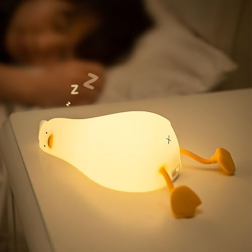 Duck Night Light Silicone,Lying Flat Duck Night Light, Kids Room Decor Ambient Lamp,Nursing Bedside Touch Night Lamp, Rechargeable and Dimmable,Cute Squishy Night Light.