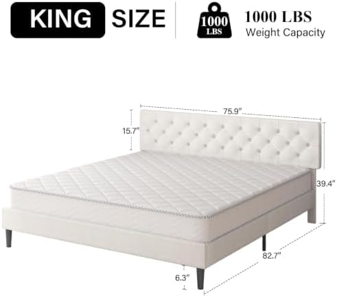 HOMBCK King Size Bed Frame, Upholstered Bed Frame with Headboard, White