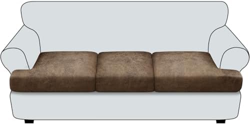 T Cushion Sofa Slipcovers Leather-Look 3PC Stretch Sofa Cushion Covers for 3 Cushion Couch Individually Couch Seat Covers with Elastic Bands, Pet-Friendly, Non-Slip, Easy Fit - Light Brown
