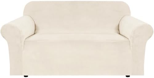 H.VERSAILTEX Stretch Velvet Loveseat Covers for 2 Cushion Couch Covers for Living Room Sofa Covers with Non Slip Straps Bottom, Ultra Thick Comfy Velour (Width 58"-72", Butter Cream)