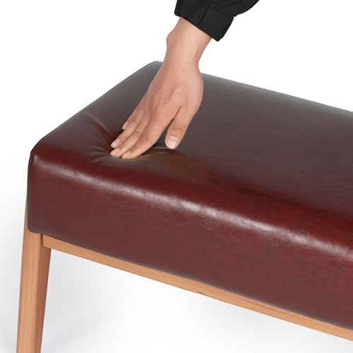 Foot Stool, Leatherette Wooden Step Stool, Modern Rectangle Ottoman Wide Vanity Stool with Cushion for Couch Living Room Bedroom Entryway, Brown