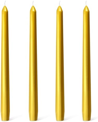 Everymoment Gold Taper Candles - 4 Pack 10 Inch Candlesticks - Dripless & Smokeless for 8 Hours - Unscented Paraffin Wax - Ideal for Wedding Christmas Anniversary New Year's Eve & Luxury Decor