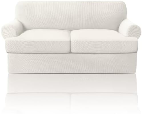 PrinceDeco T Cushion Loveseat Slipcover - 3 Pieces Sofa Cover for 2 Cushion Couch with 2 Individual T Shape Seat Covers Width Up to 76 Inch - Stretch, Machine Washable, Porcelain