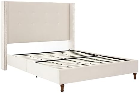 Queen Upholstered Bed Frame with 54" Wingback Tall Headboard Ivory Velvet