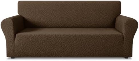 ZNSAYOTX 1 Piece Stretch Sofa Covers for 3 Cushion Couch (72"-90"), New Plaid Couch Cover with Non-Slip Buckle for Dog Pets, Ultimate Soft Cozy Washable Sofa Slipcover Form Fit Protector, Coffee