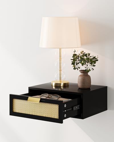 Aienvey Floating Nightstand, Floating Shelf with Drawer, Black Rattan
