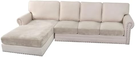 H.VERSAILTEX Velvet Stretch Sectional Couch Covers 4 Pieces Sofa Seat Cushion Covers L Shape Separate Cushion Couch Chaise Cover for Both Left/Right Couch (Large Sofa 3 Seater + 1 Chaise, Oatmeal)