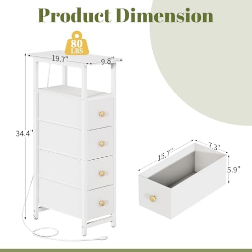 Yoobure Narrow Nightstand with Charging Station, LED Tall Narrow Side Table