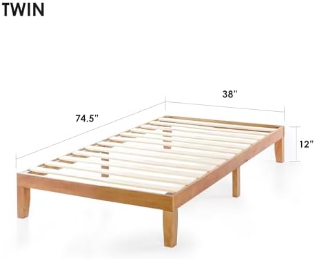 Mellow Naturalista Classic 12-Inch Solid Wood Platform Bed | Wooden Slats, No Box Spring Needed, Easy Assembly | Twin, Natural Pine