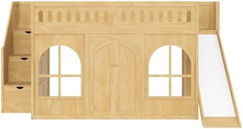 SOFTSEA Full Size Kids Loft Bed with Slide and Storage Stairs, Natural