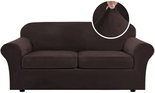 H.VERSAILTEX Real Velvet Plush 3 Piece Stretch Sofa Covers Couch Covers for 2 Cushion Couch Sofa Slipcovers Width Up to 90 Inch Feature Thick Soft Stay in Place (Large Sofa, Brown)