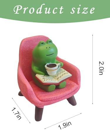 Miniature Frog Figurine Reading Book & Drinking Coffee on Pink Sofa - Cute Resin Desk Decor for Office & Home, Book Shelf Decor, Unique Gift for Frog Lovers
