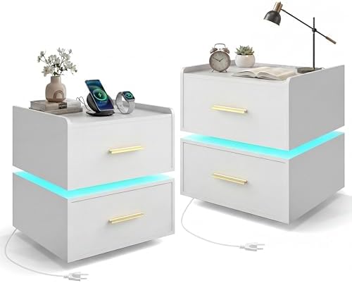 GIANTEX LED Night Stand Set 2 with Charging Station, Semi-Floating Bedside Table w/2 Storage Drawers, USB & Type-C Ports, Modern Couch End Sofa Side Table for Bedroom Small Spaces (White)