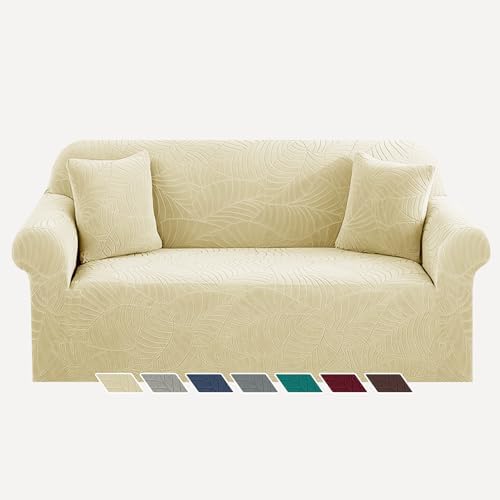 YEMYHOM Couch Cover Latest Jacquard Design High Stretch Sofa Covers for 2 Cushion Couch, Pet Dog Cat Proof Loveseat Slipcover Non Slip Elastic Furniture Protector (Medium, Begonia Leaf Beige)