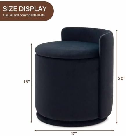 360° Swivel Makeup Chair with Storage, Upholstered Accent Stool with Back, Round Vanity Stool Ottoman for Living Room, Makeup Room, Bedroom (Black)
