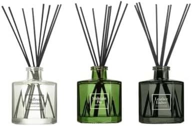 Bellevue Reed Diffuser Set, Three 6 fl oz Glass Filled Diffuser, Highly Concentrated Fragrances with Essential Oils, Home Fragrance (Leather Ember, Midnight Fig, Saffron Blooms)