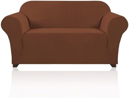 PrinceDeco Stretch Loveseat Sofa Cover Slipcover Couch Cover for 2 Cushion Sofa Washable Sofa Cover for Pets Friendly Furniture Protector Covers with Non Slip Bottom(Loveseat, Caramel)