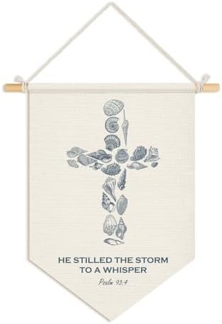 Wheatwin Christian Ocean Nursery Decor, Coastal Seashell Cross Bible Verse Wall Hanging Pennant Flag Banner, Ocean Wall Decor for Kids Nursery Toddler Room Bedroom Playroom 15x11 Inch