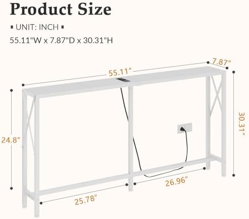 Gewudraw Narrow Console Table with Socket, Sofa Table Behind Couch, White