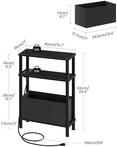 CHOEZON Small Narrow Side Table with Charging Station, Skinny End Table with Fabric Basket, Slim Nightstand for Small Spaces, Sofa Side Table, for Living Room, Bedroom, Black TBZ07UBB