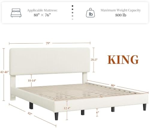 Yaheetech King Bed Frame, Adjustable Chenille Upholstered Headboard, Beige