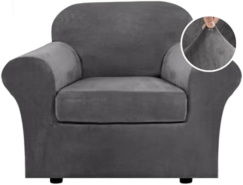 H.VERSAILTEX Rich Velvet Stretch 2 Piece Cover Chair Slipcover Sofa Cover Furniture Protector Couch Soft with Elastic Bottom Chair Couch Cover with Arms Width Up to 49 Inch(Chair,Grey)