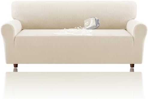 H.VERSAILTEX Jacquard Sofa Slipcover with Waterproof Seat Furniture Protector 1 Piece Stretch Sofa Covers with Elastic Bottom for Kids, Pets, Dog(Sofa L, Ivory)