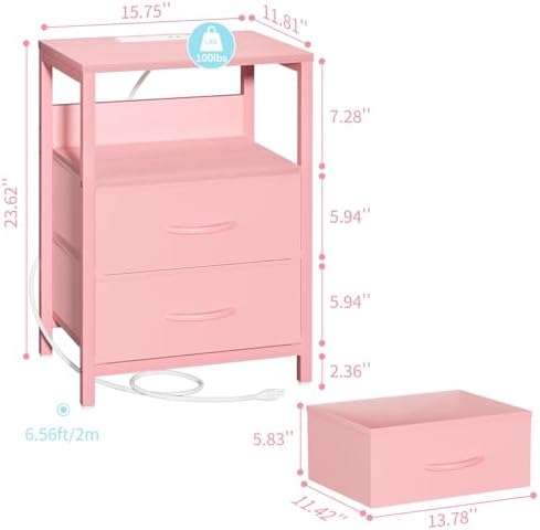 Yoobure Nightstand with Charging Station, Small Night Stand with Fabric Drawers and Storage Shelf for Bedrooms, Nightstands for Small Spaces, Bedside Table with USB Ports & Outlets Bed Side Table
