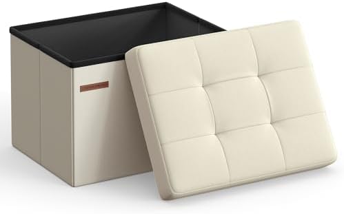 SONGMICS Mazie Collection - Small Folding Storage Ottoman, Foot Rest Stool, 12.2 x 16.1 x 12.2 Inches, 286 lb Load Capacity, for Living Room, Bedroom, Home Office, Dorm, Cream White ULSF102W01