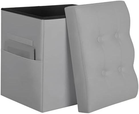Ottoman with Storage, 17" Height Foot Rest with Handles & Side Pocket, Grey