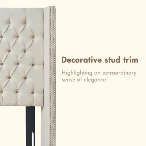 Madison Park Amelia Upholstered Headboard | Nail Head Trim Wingback Button Tufted | Queen, Cream