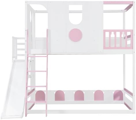Merax Full Size Playhouse Bunk Bed with Slide and Storage Shelves, Pink