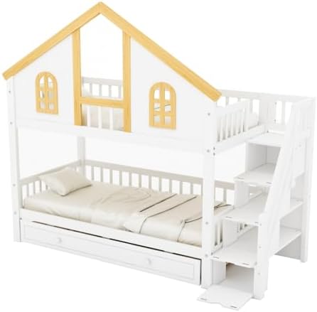 Twin Over Twin Size House Bunk Bed with Trundle & Storage Stairs