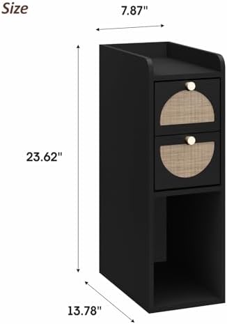 Narrow Nightstand Set of 2 (Rattan & Wood) - Small Bedside Table with 2 Drawers, Open Shelf, Mid Century Modern End Table - for Bedroom, Living Room & Small Spaces, Black