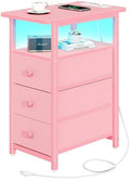Yoobure End Table with Charging Station, Pink Narrow Nightstand LED Bedside Table, Small Night Stand End Tables Living Room, Skinny Nightstand with 3 Fabric Drawers, Side Table for Small Spaces