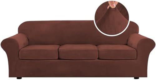 H.VERSAILTEX High Stretch Sofa Slipcover 4 Piece Cover Velvet Furniture Protector Form Fit Thick Velvet Extra Large Sofa Cover for 3 Cushion Couch Width Up to 97 Inch (Large Sofa, Burnt Brick)