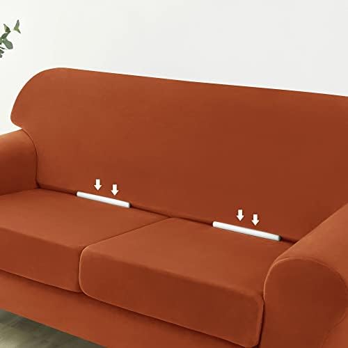 OBCREAT 4 Pieces Sofa Slipcover Stretch Velvet Sofa Covers for 3 Cushion Couch Soft Couch Cover with Elastic Bottom Non Slip Furniture Protector for Pets Kids (Burnt Orange, Large)