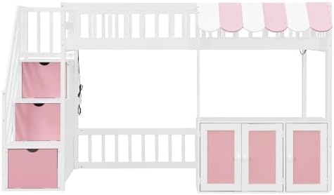 LUMISOL Twin Size Loft Bed with Storage Steps and Under Bed Cabinets, Playhouse Loft Bed Frame with LED Light, White+Pink