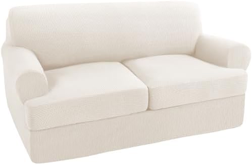Turquoize 3 Piece T Cushion Loveseat Slipcovers Sofa Cover for 2 Cushion Couch Cover Washable Sofa Slipcover Furniture Covers with 2 Individual T Cushion Seat Covers (2 Cushion Loveseat, Cream)