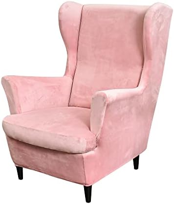 Wing Chair Slipcovers, 2 Piece Stretch Wingback Chair Cover Soft Velvet Armchair Covers with Elastic Bottom for Living Room Bedroom (Pink)