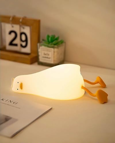 Lying Flat Duck Night Light for Kids, Cute Squishy Silicone Duck Lamp, Rechargeable Bedside Light with Tap Control, 2 Brightness Levels, 30-Min Auto-Off Timer, Room Decor Gift