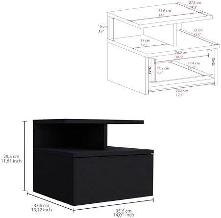 Tuhome Adele Floating Nightstand, Wall-Mounted Bedside Table with 1 Drawer and 2 Open Shelves, 11.6" H x 14" W x 13.2" D Small Night Stand for Compact Bedrooms, Engineered Wood