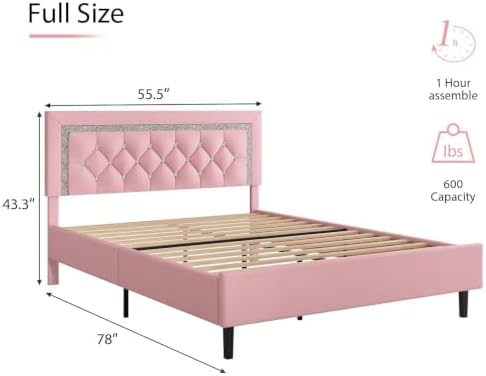 BarnFurin Full Size Bed Frame with Tufted Button Headboard,Pink