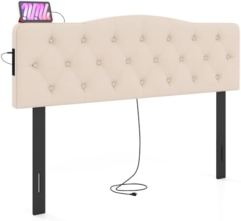 GIANTEX Headboard with Charging Station, Queen/Full Size Button Tufted Upholstered Head Board w/2 AC Outlets, USB & Type-C Port, Rubber Wood Legs, Width Adjustable Modern Bed Headboard Only (Beige)