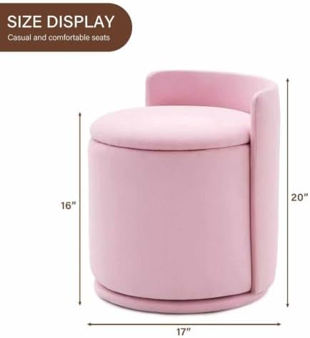 360° Swivel Makeup Chair with Storage, Upholstered Accent Stool with Back, Round Vanity Stool Ottoman for Living Room, Makeup Room, Bedroom (Pink)